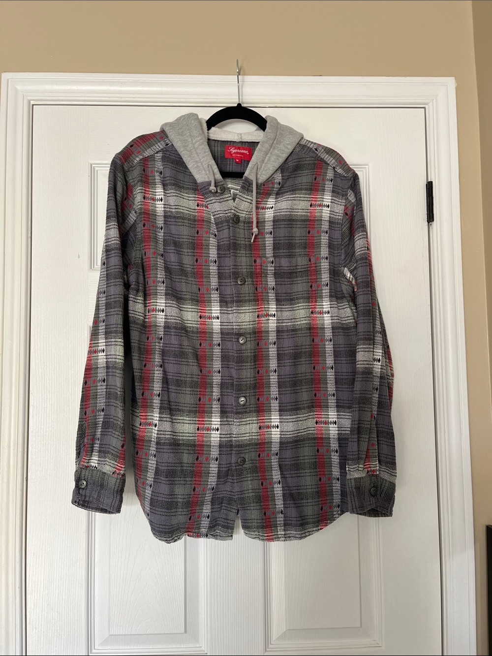 Supreme Gray & Red Plaid Hooded Shirt Jacket